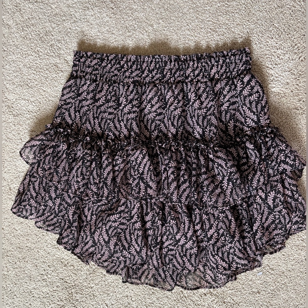 MISA Los Angeles Tiered Ruffled Mini Skirt with Pink Leaf Print on Black